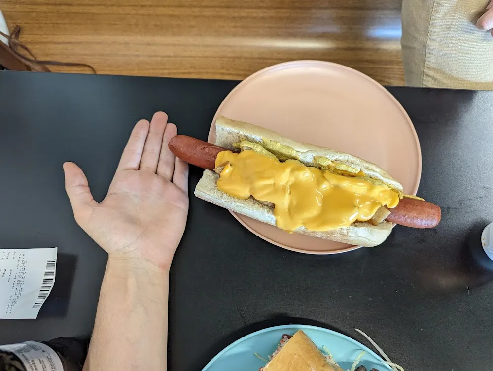 Hot Dog w Cheese Onion Rings Spicy Mustard Ketchup